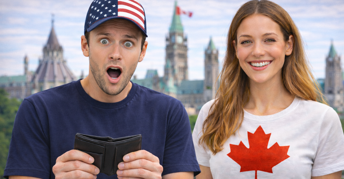 American male surprised, Candian female smiling