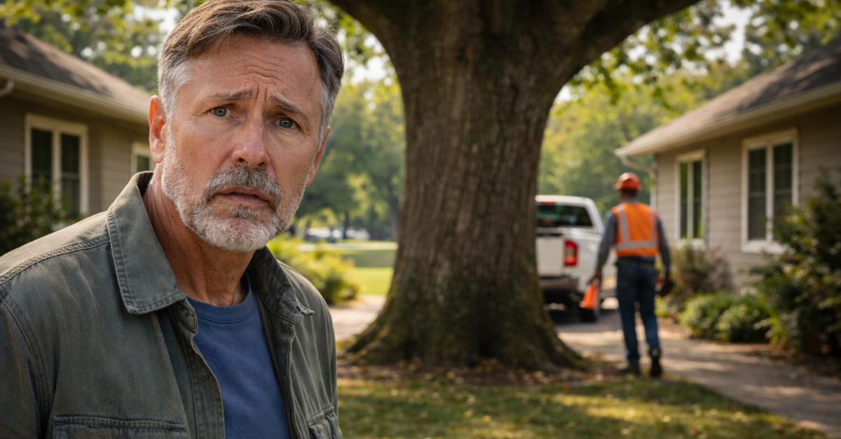 man concerned tree on property