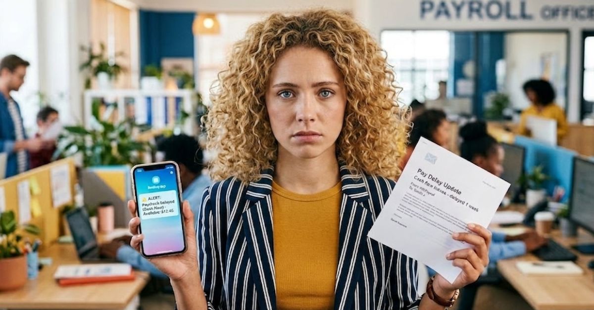 frustrated, hardworking young woman in office holding phone and a printout