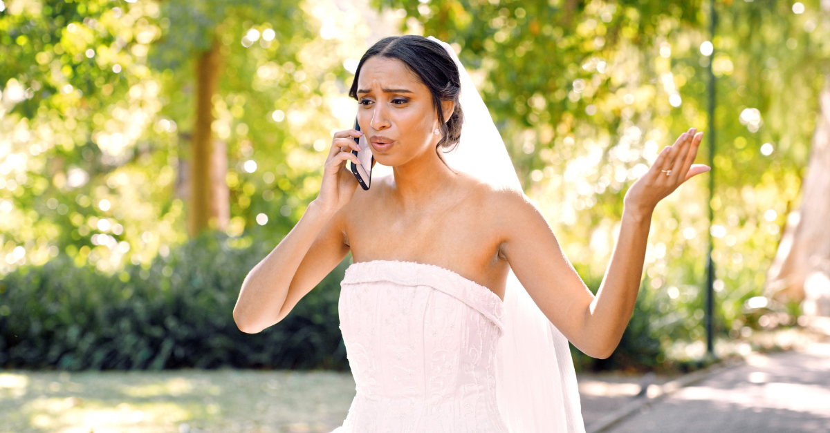Phone call, stress and bride in park with wedding day