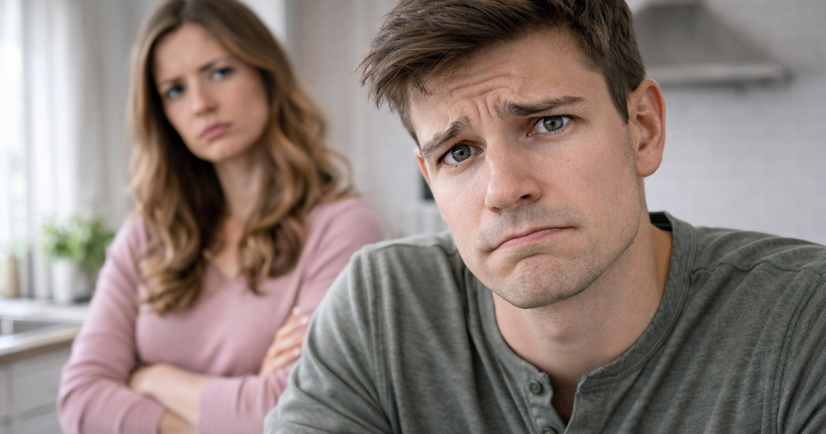 A concerned man with a woman standing behind him.