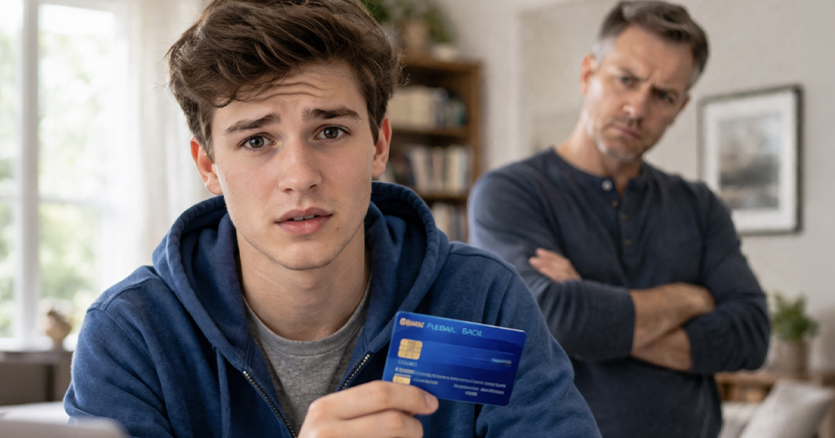 A young man with a credit card and his concerned father behind him.