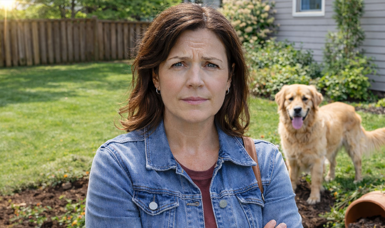AI-generated image of a woman concerned about her neighbor's dog causing property damage.