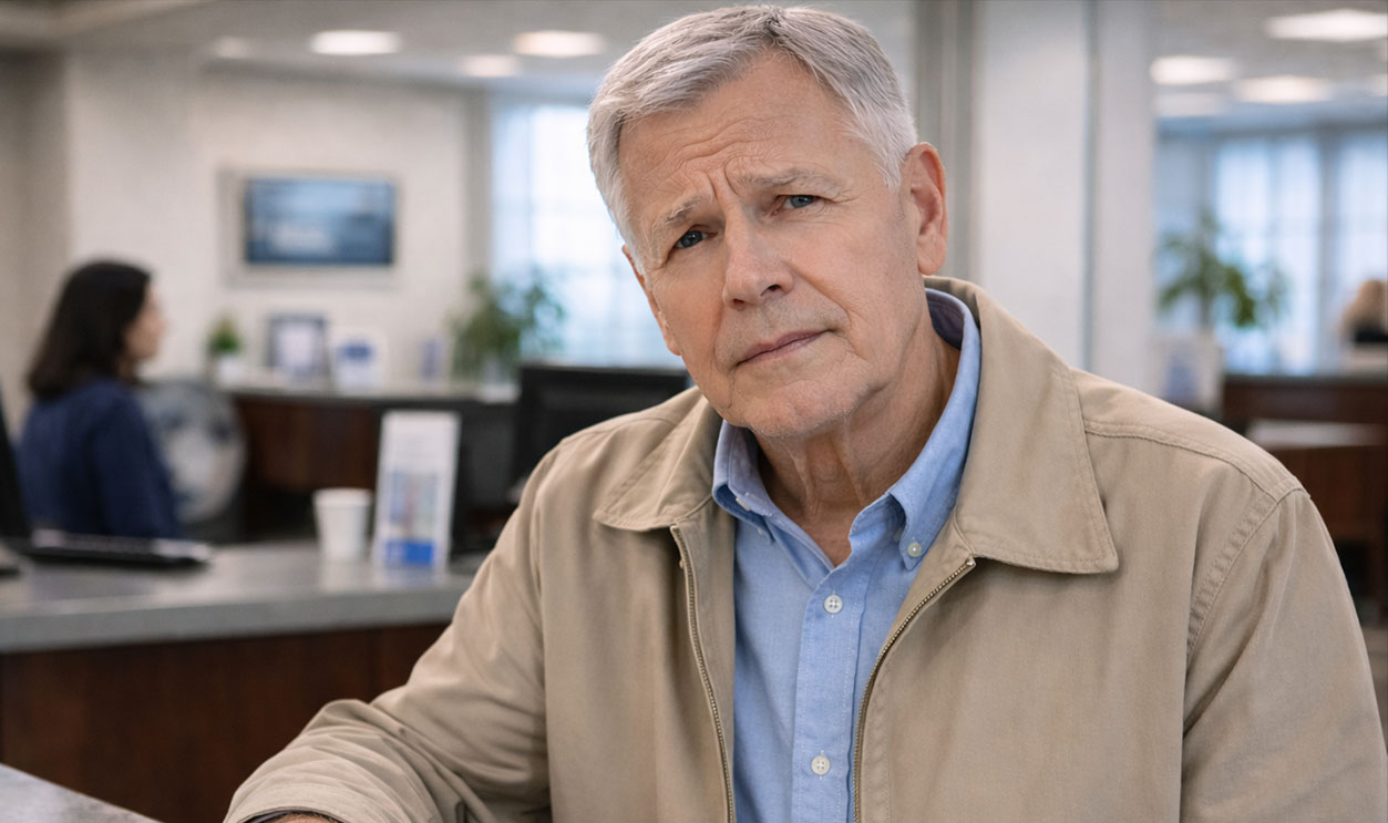 AI-generated image of a worried senior man at the bank.