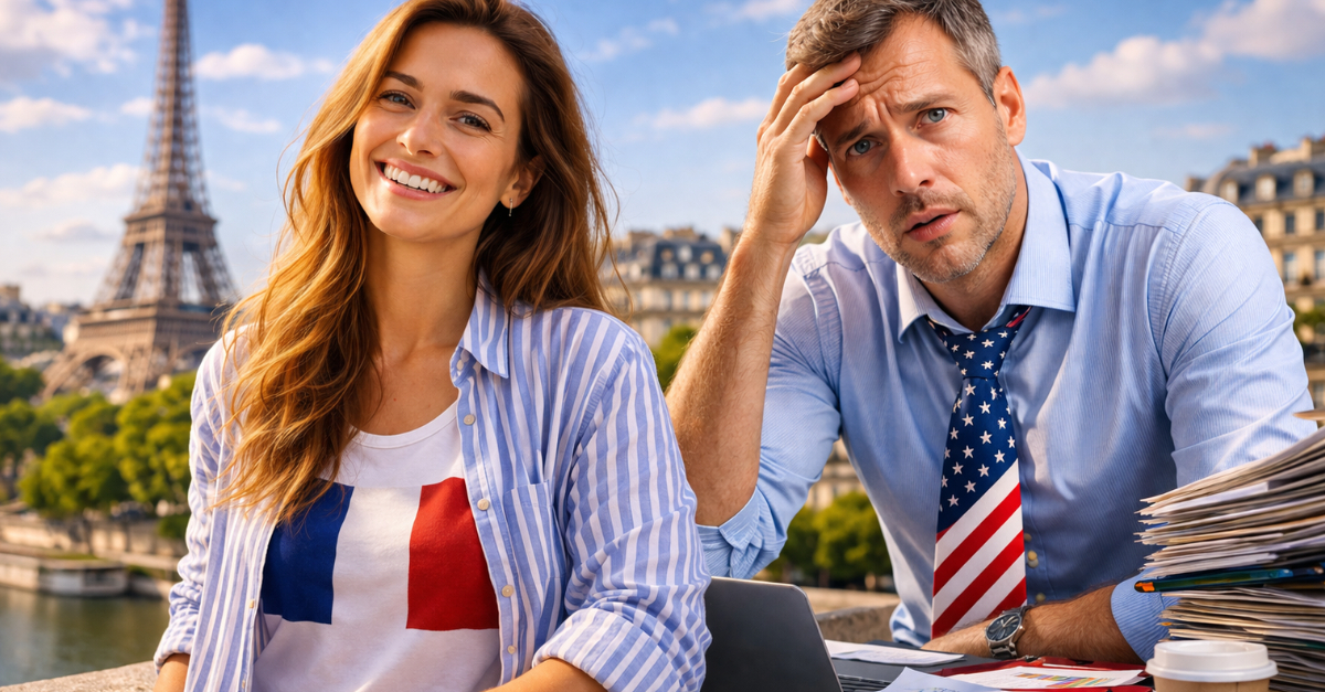 Happy French woman, Stressed American Worker
