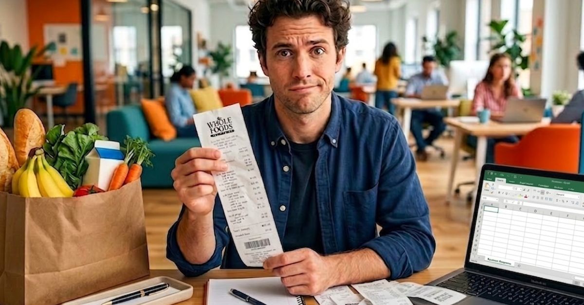 man in disbelief holding a grocery receipt