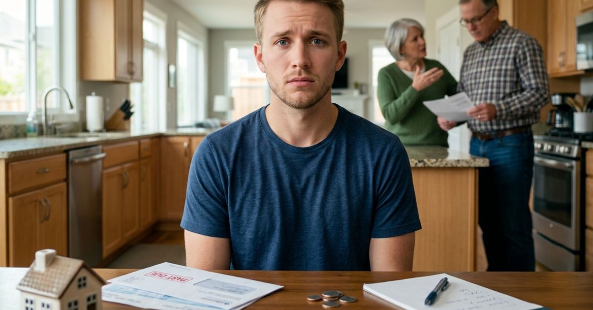 concerned and conflicted young man being persuaded by parents