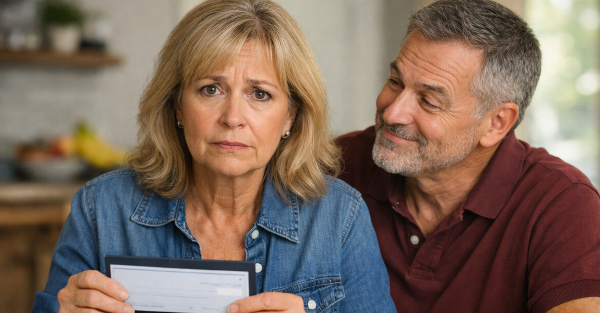 woman holding check, husband next to her