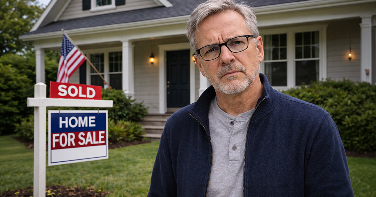 An older man standing in front of a newly sold house.
