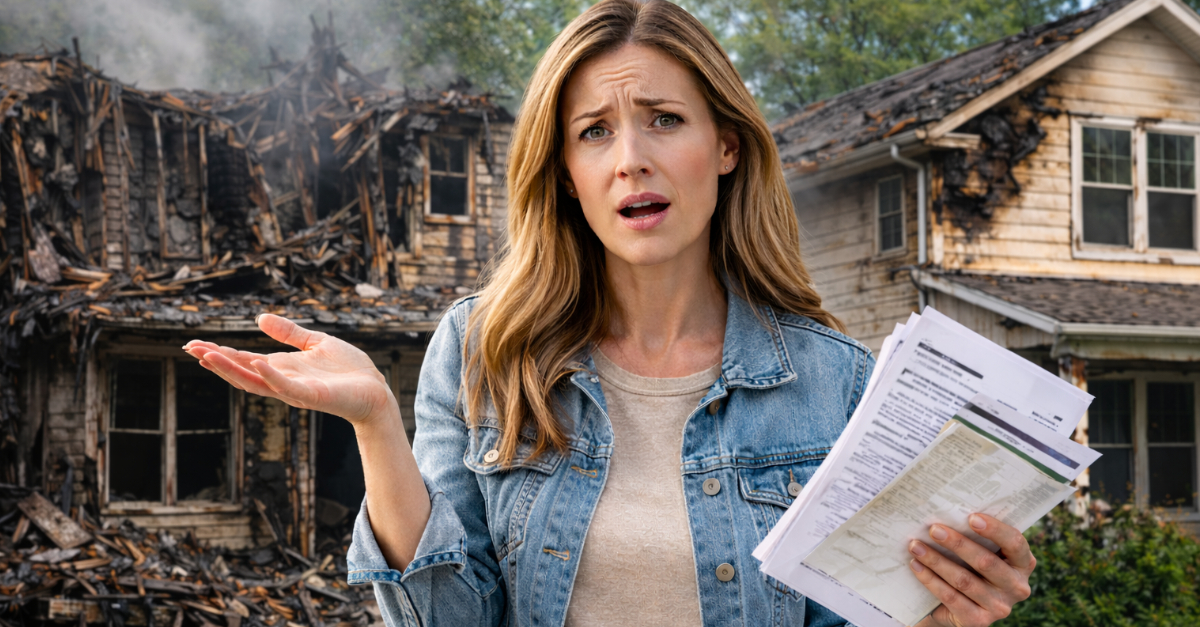 Women in front of houses with fire damage