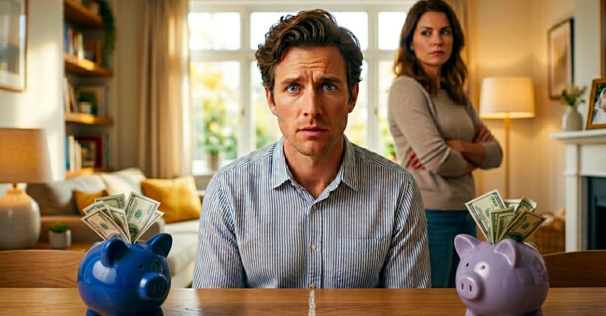 concerned man sitting at a desk while his defensive partner watches him