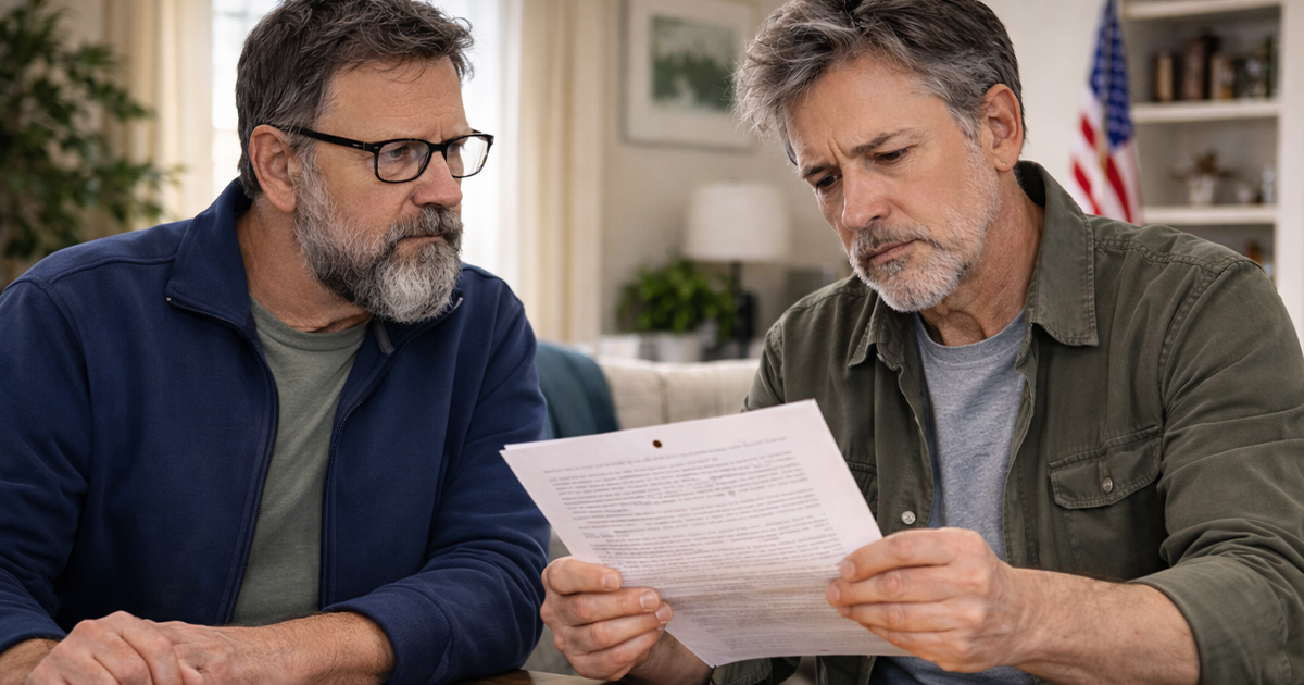 Two men looking over a will.