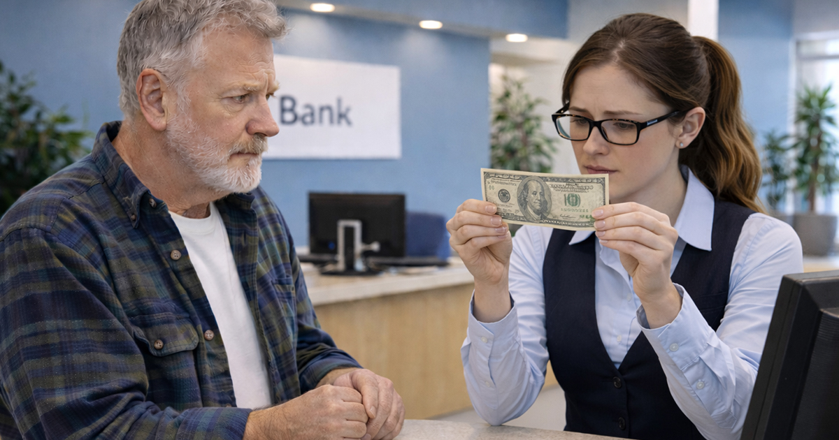 Bank teller looking at bills