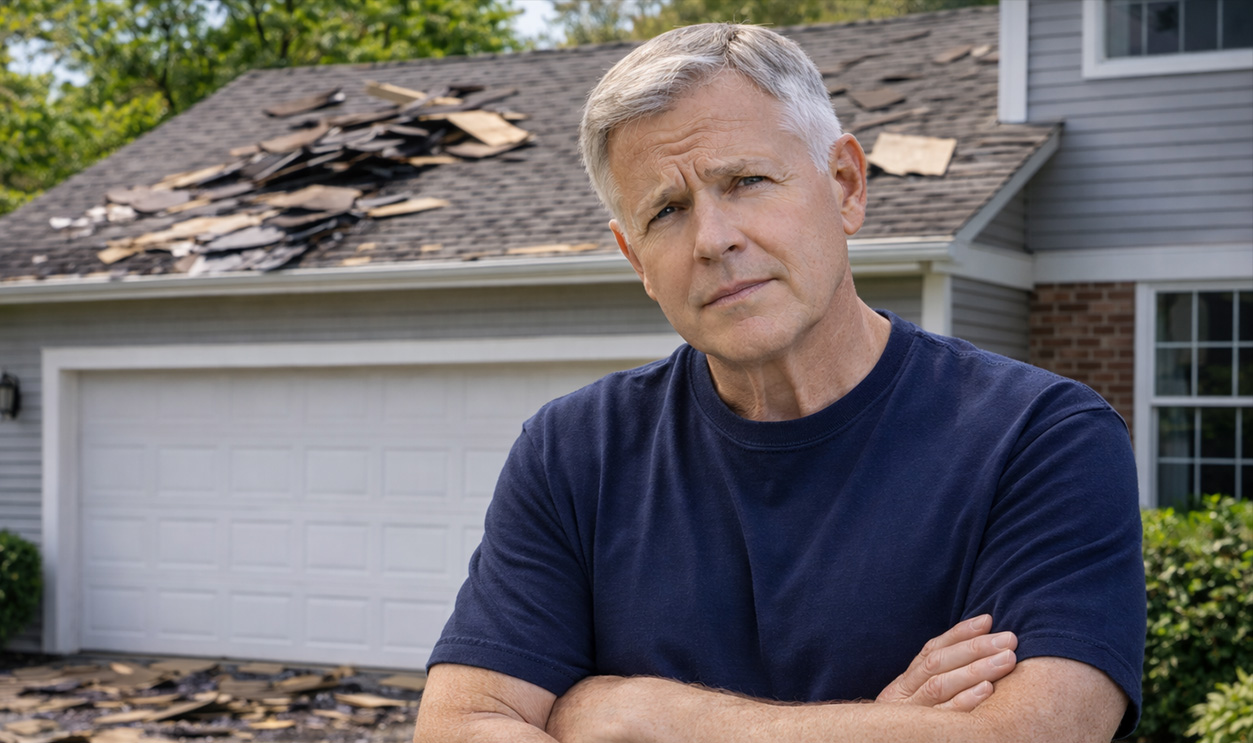 AI-generated image of a man concerned about his roof damage and insurance..