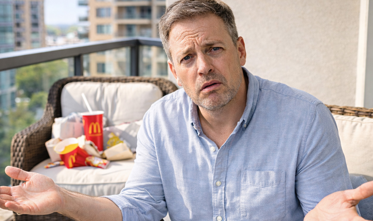 AI-generated image of a man concerned about his upstairs neighbor dumping junk onto balcony.