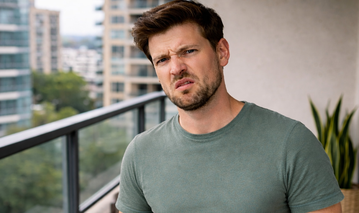 AI-generated image of a man concerned about his upstairs neighbor accumulating trash on their balcony.