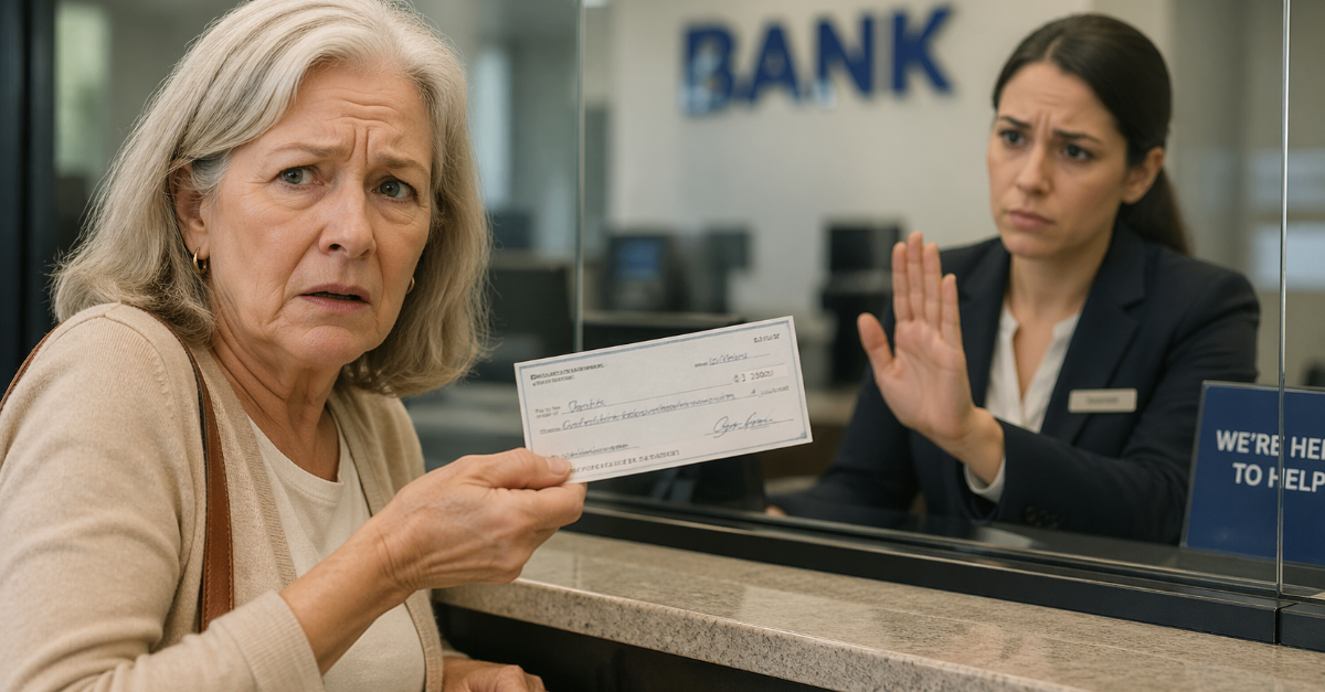 Older lady at bank with check