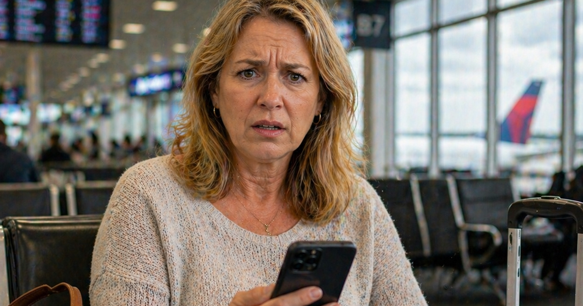 Confused woman in an airport looking at her phone.