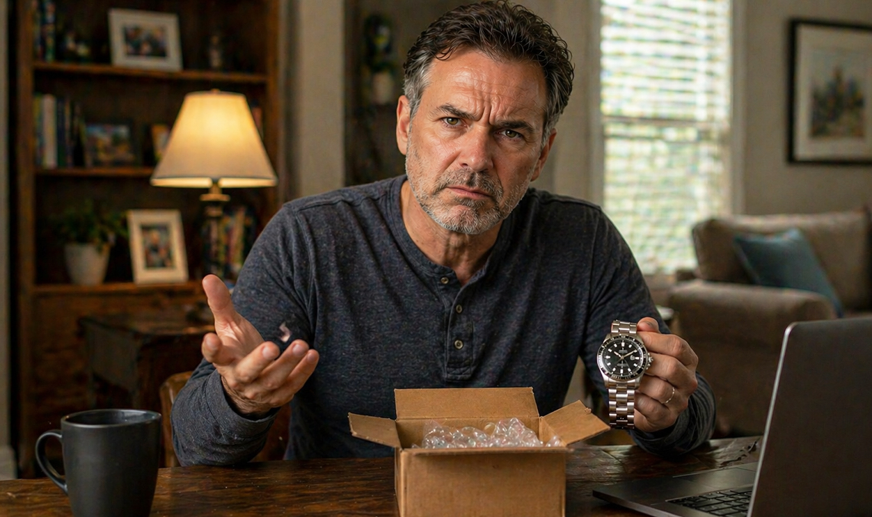 AI-generated image of a man worried about being scammed selling antiques online.