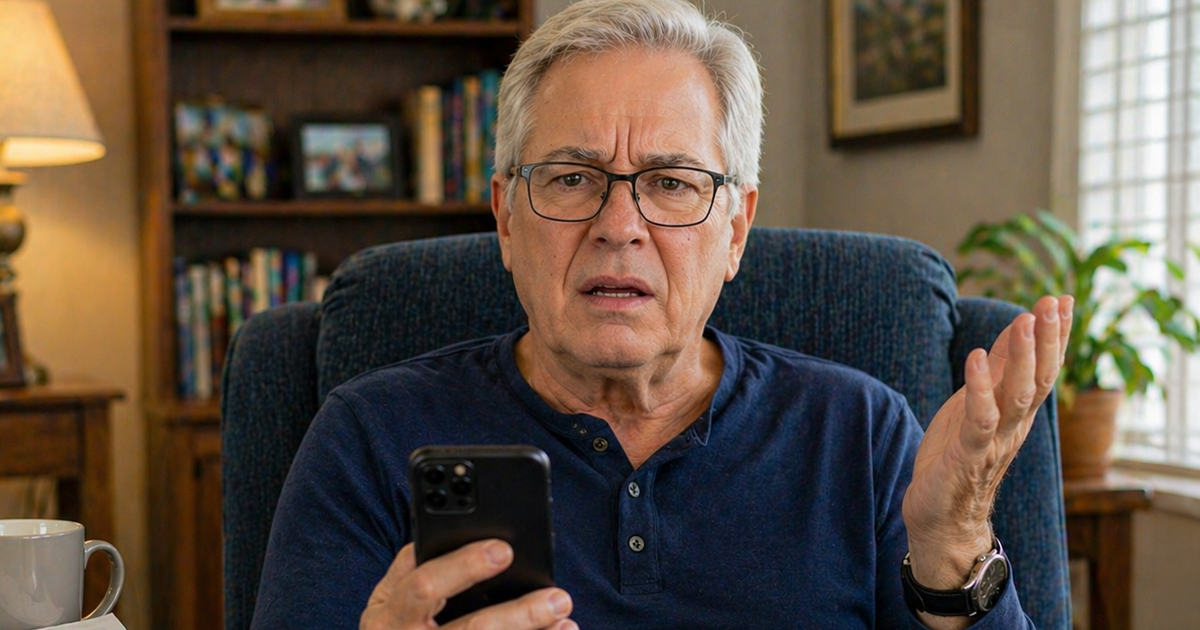 Confused older man with glasses using a smartphone.