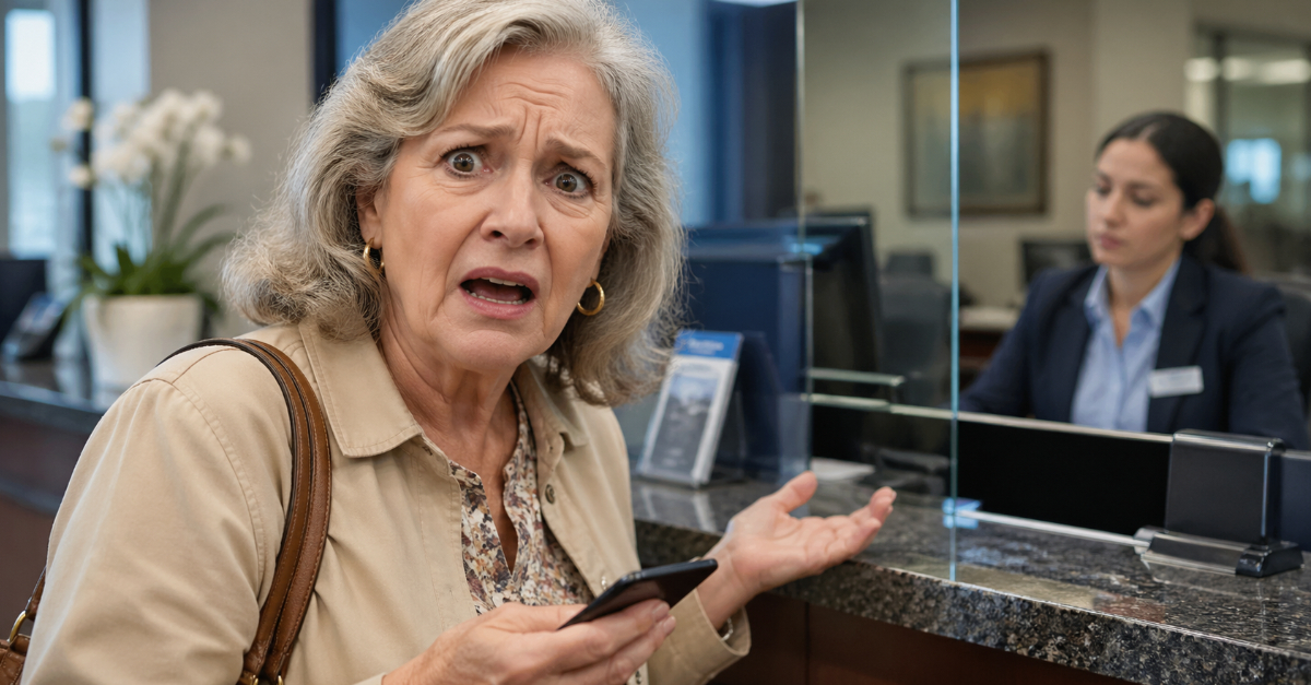 Older woman frustrated at bank