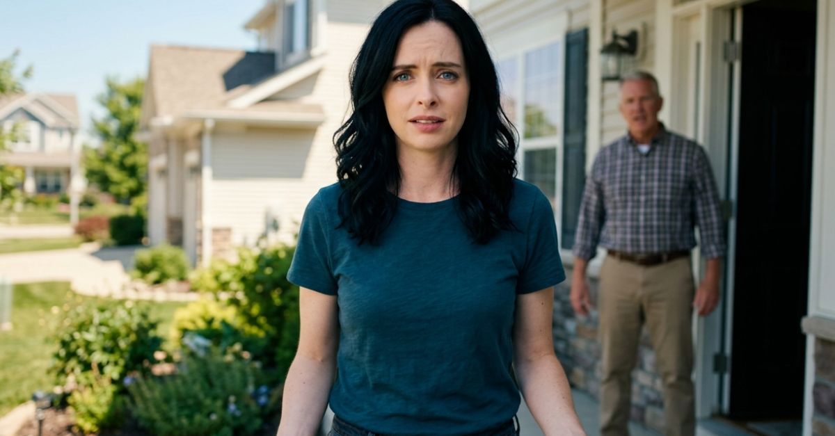 concerned woman standing on the porch with landlord yelling behind