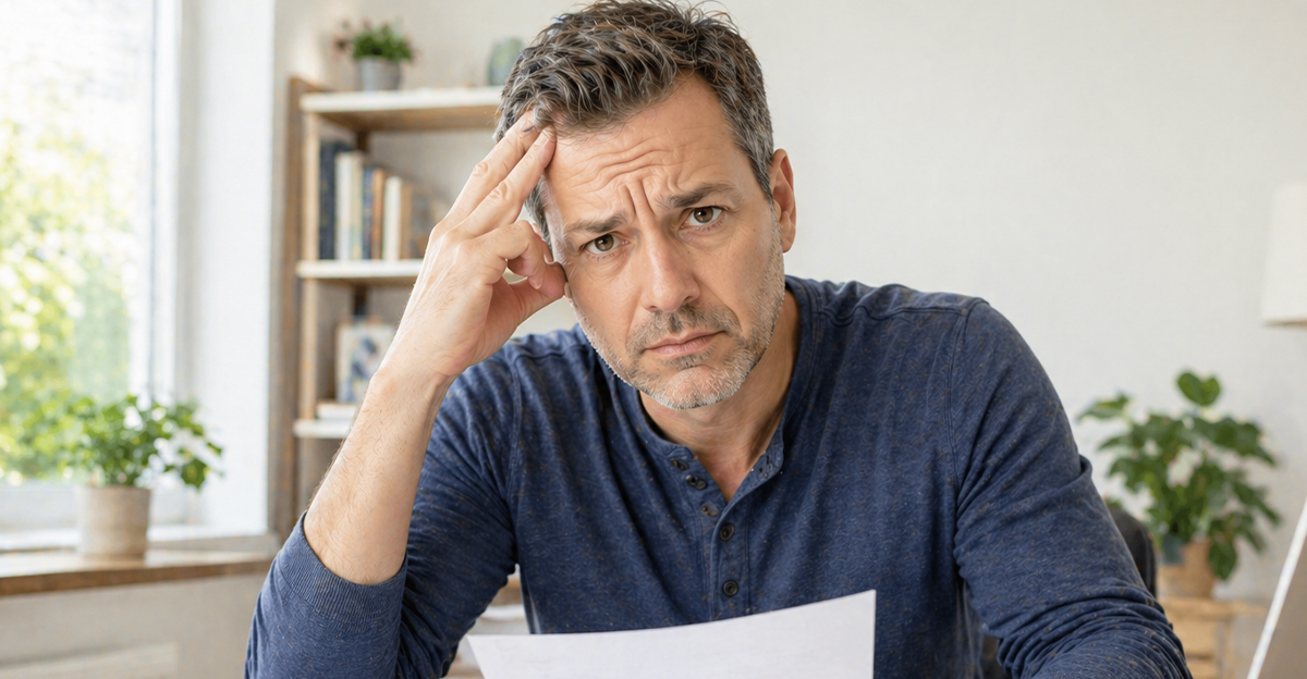 AI-generated image of man worried about business identity theft and his taxes.