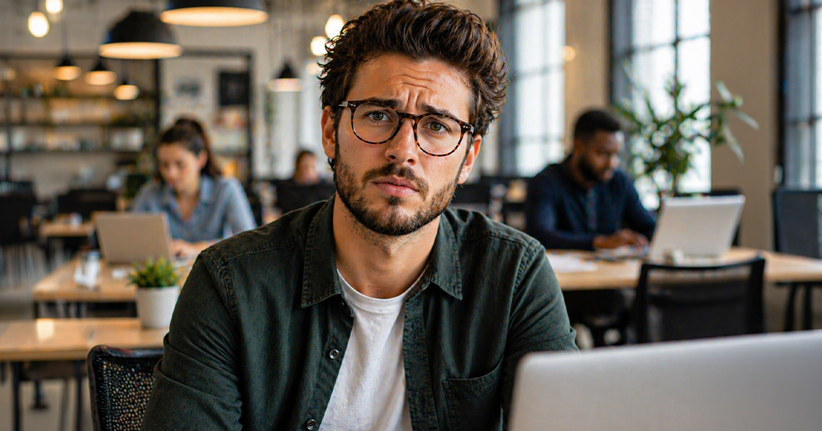 A young man with glasses sitting at an office desk.