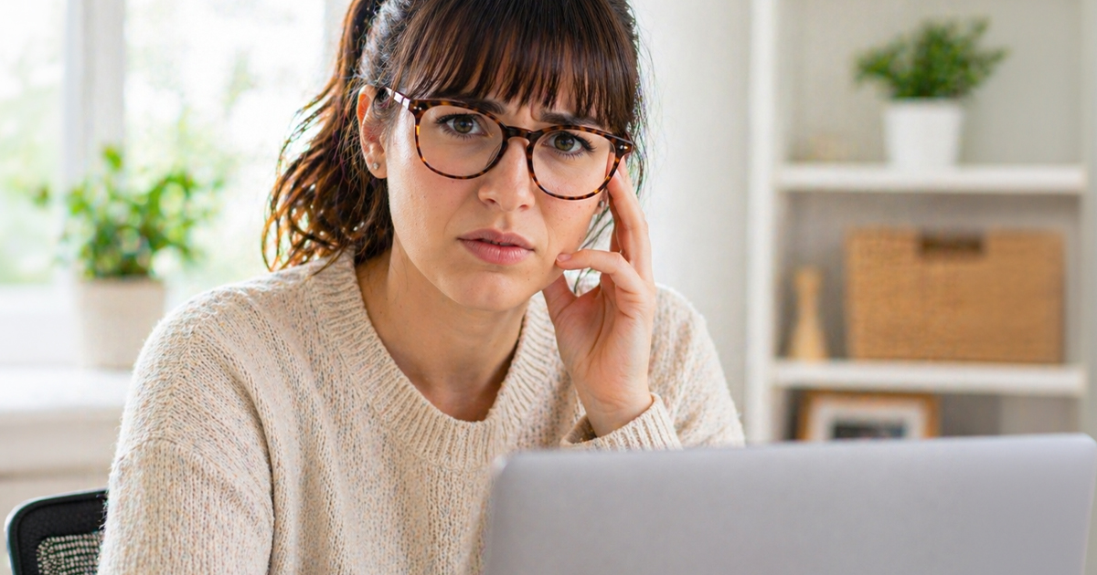 Woman wearing glasses looking concerned.