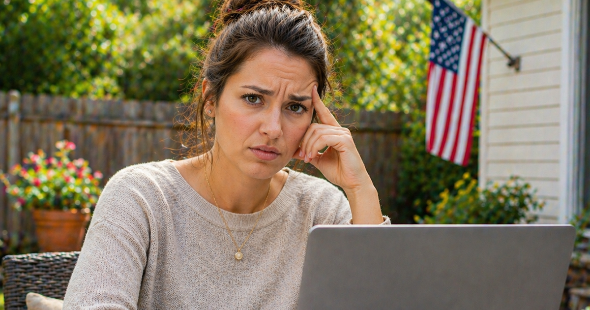 Concerned brunette woman working in a backyard.