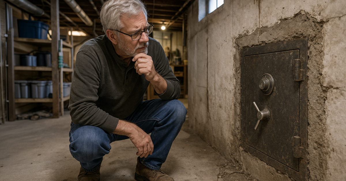 Man looking at a safe cemented into basement wall.
