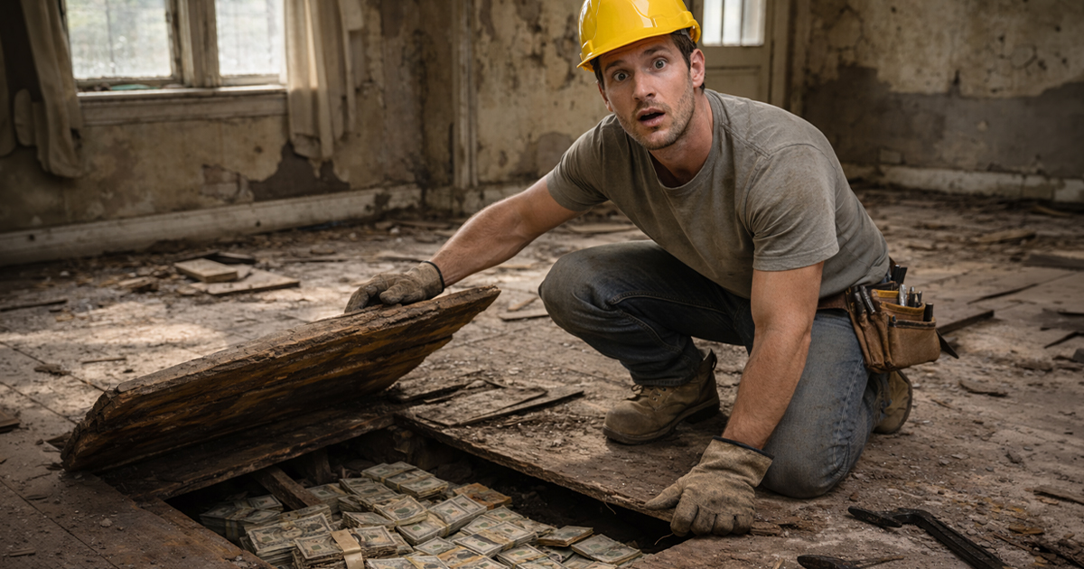 Man in an abandoned house with found cash.
