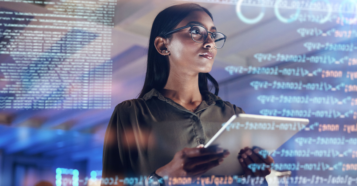 Software, coding hologram and woman on tablet