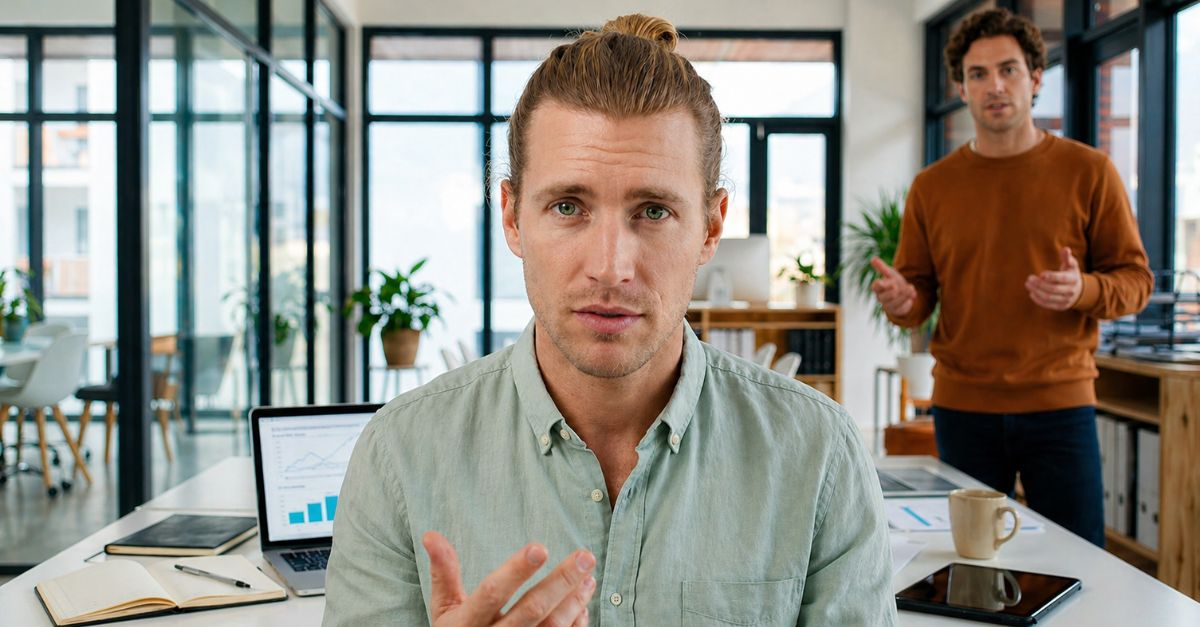 man in disbelief listening to coworker in office setting