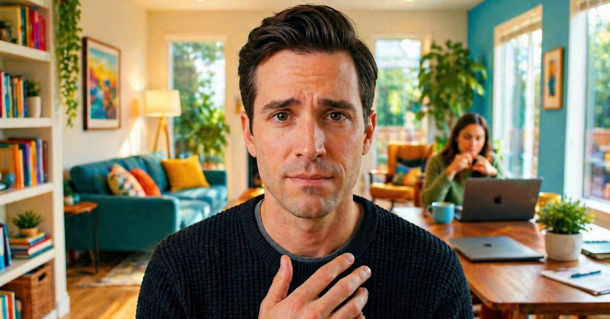 hesitant and thoughtful man in a room with his partner
