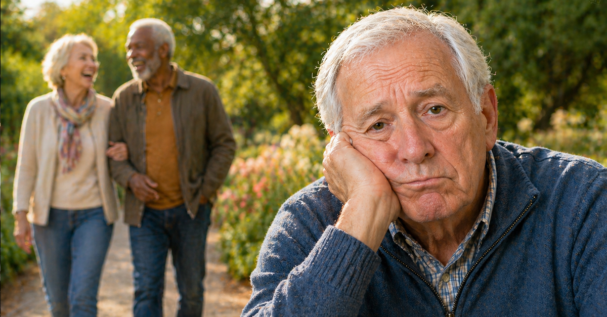 Old man looking sad, leaning his head on his hand.