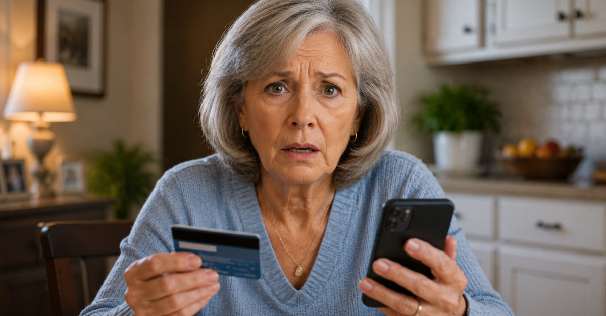 Older woman concerned with credit card and phone