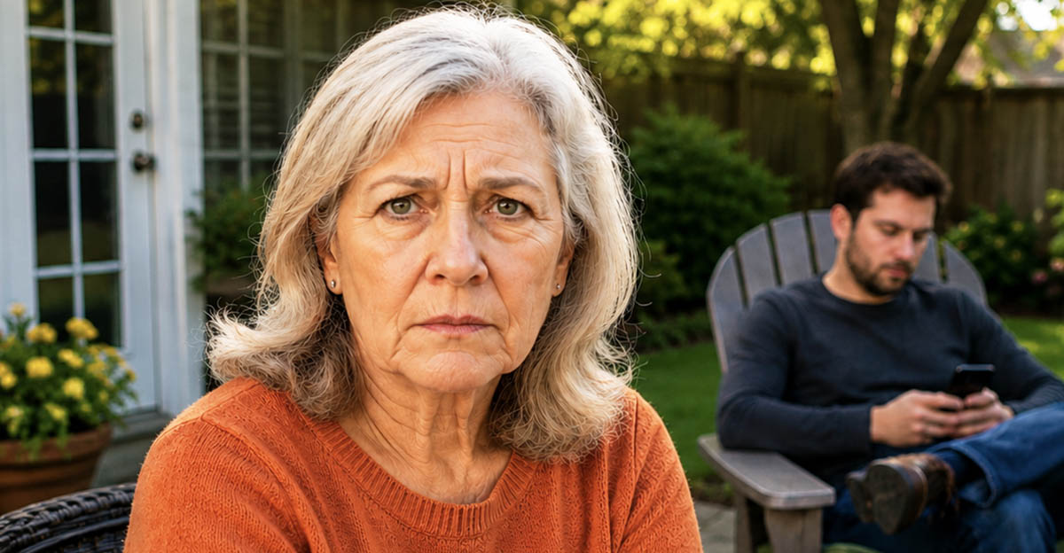 AI-generated image of a senior woman worried about her retirement savings because she's helping her adult child financially.