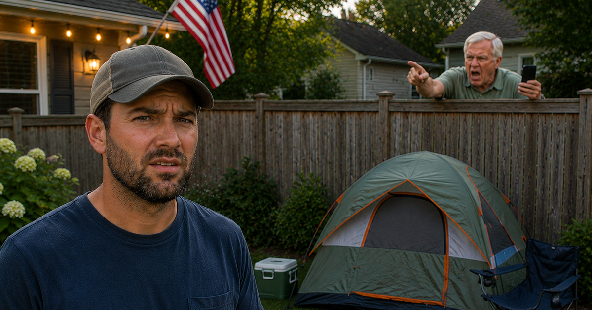 Man with a tent in his backyard and an angry neighbor over the fence.