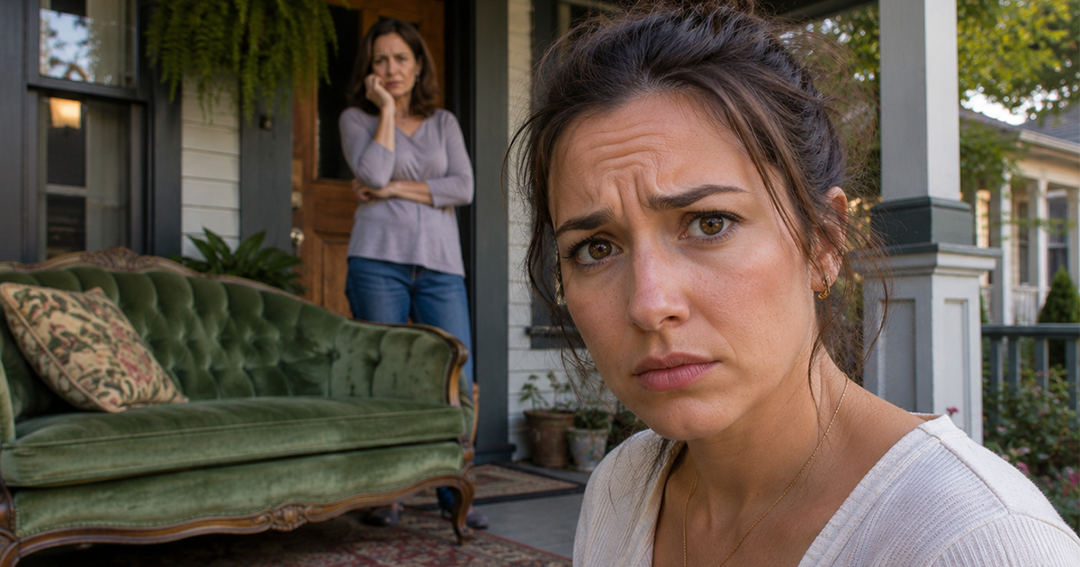 Concerned woman with a green couch on a porch behind her