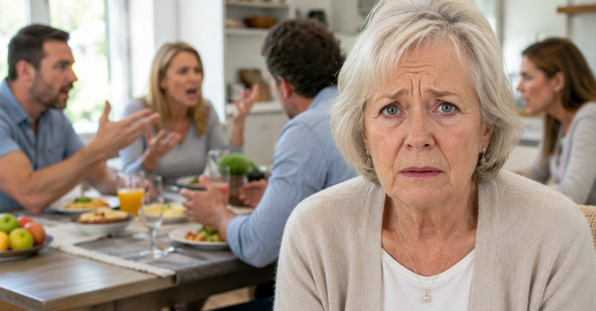Worried woman with her fighting family in the background.