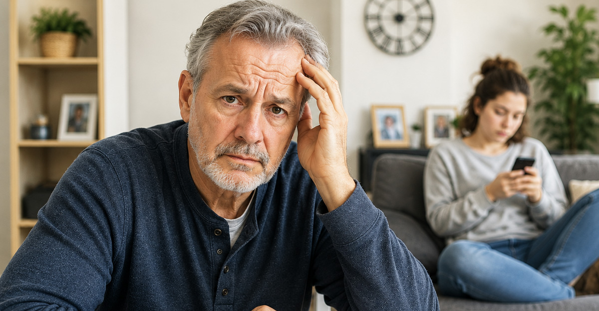 AI-generated image of a man worried about financially supporting his adult child.