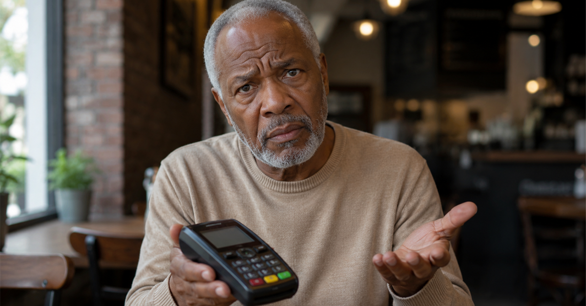 Confused man holding debit machine
