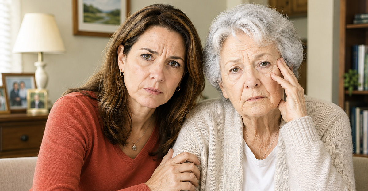 AI-generated image of woman and her mother worried about being pressured into signing financial documents.