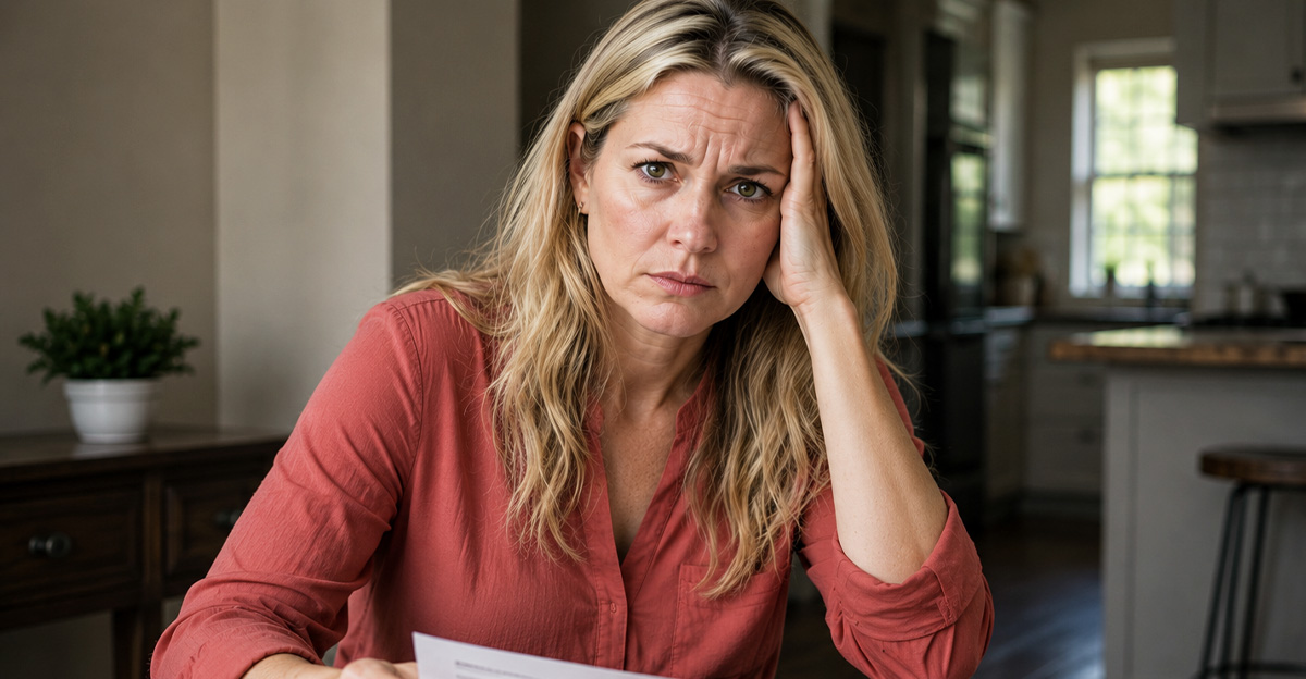 AI-generated image of a woman worried about debt from her ex.