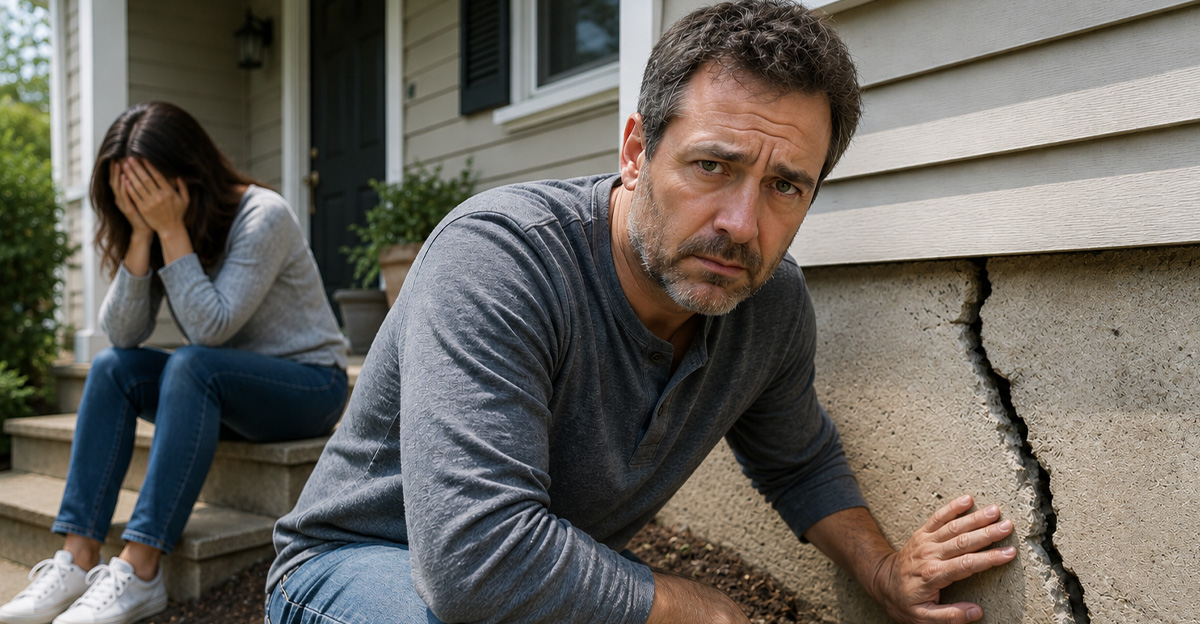 AI-generated image of a couple worried about foundation damage and their insurance claim.