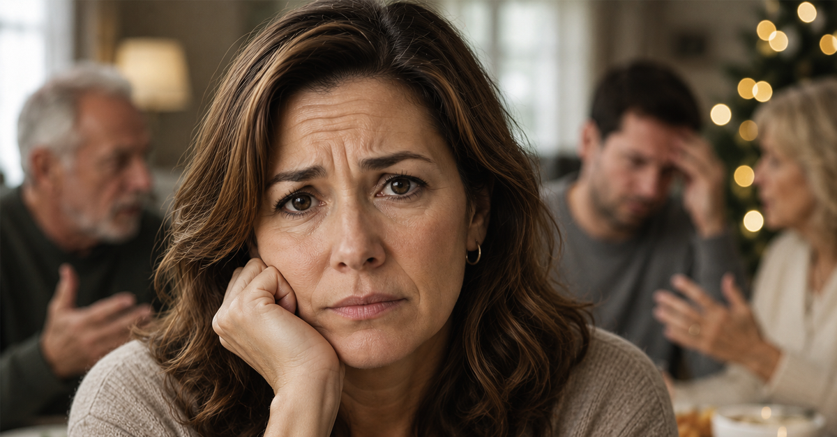 Concerned woman at tense family gathering