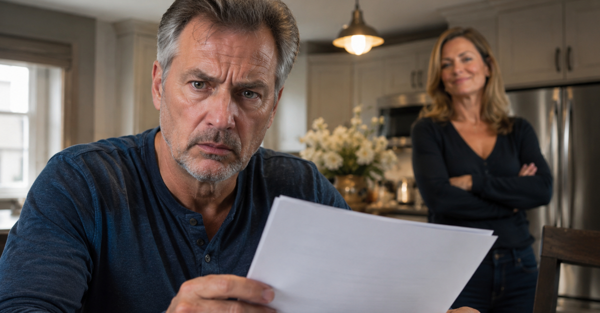 Confused man in foreground, happy woman in background