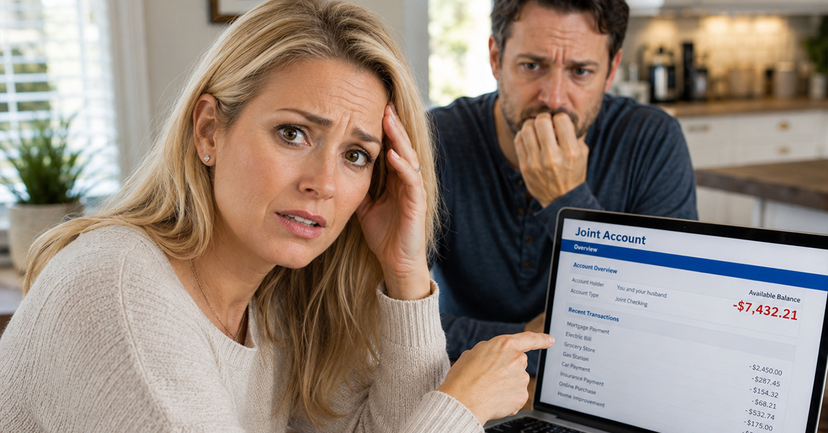 A husband and wife looking worried while reviewing their finances.