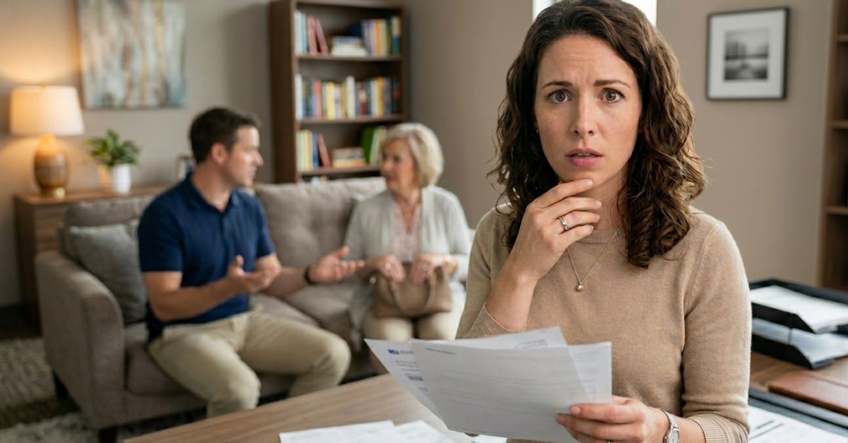 shocked woman holding a document, with her husband and mother-in-law conversing in the background